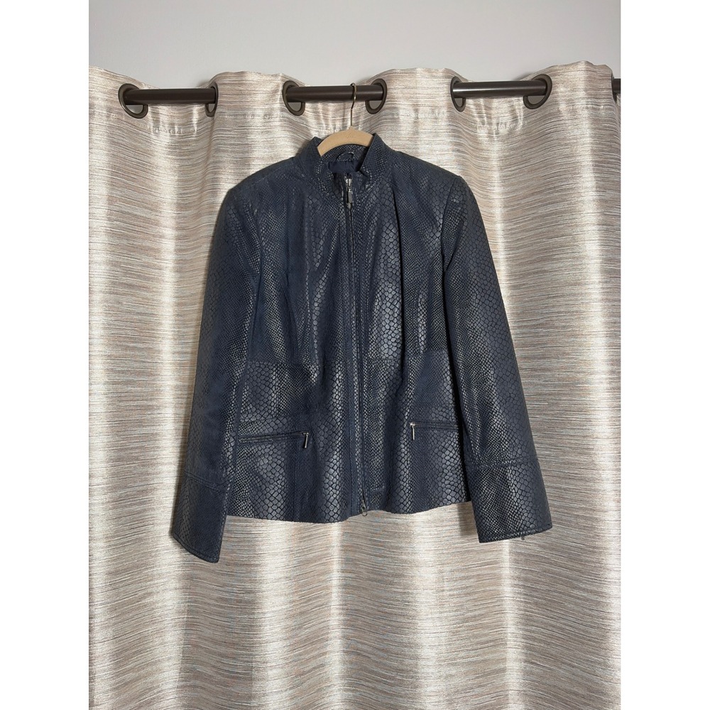 Alfani Womens Navy Blue Snakeskin Embossed Genuine Leather Jacket Zip Up Size M